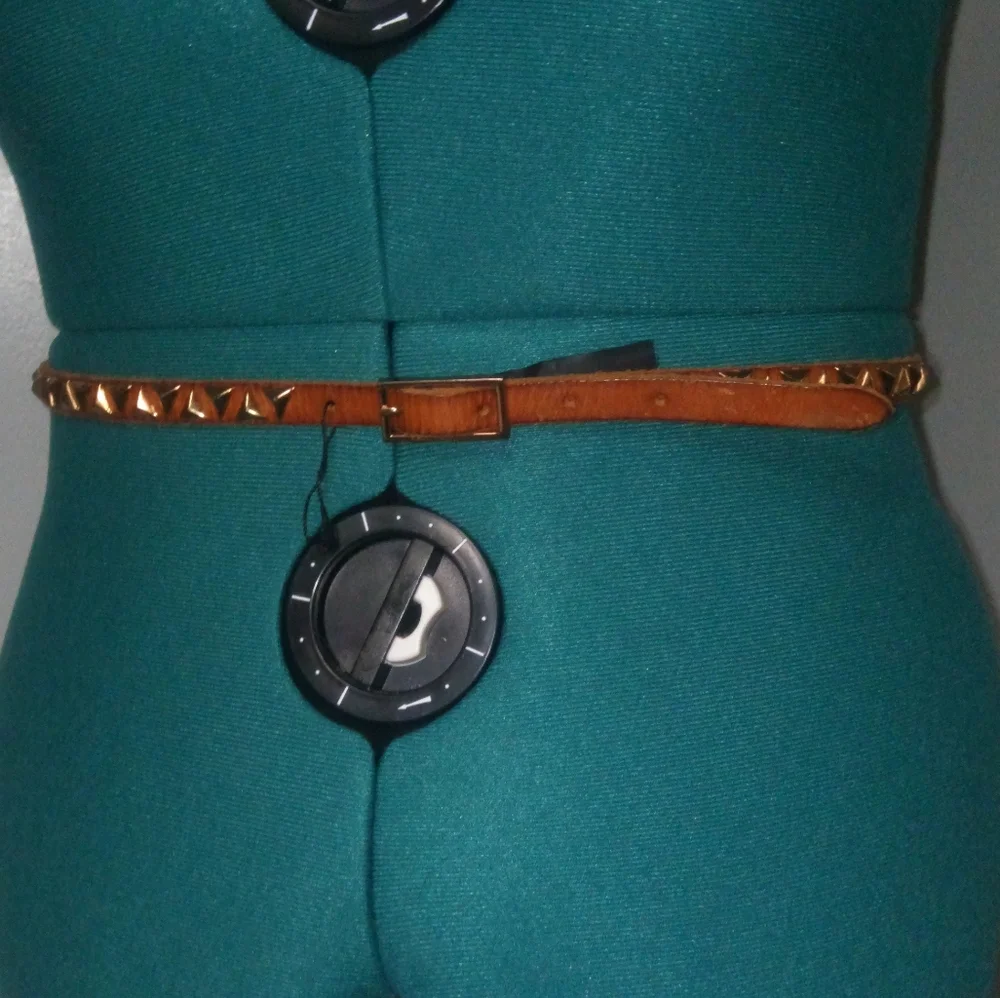 Mango Pyramid Studded Vegan Leather Belt Sz M in Saddle Brown NWOT